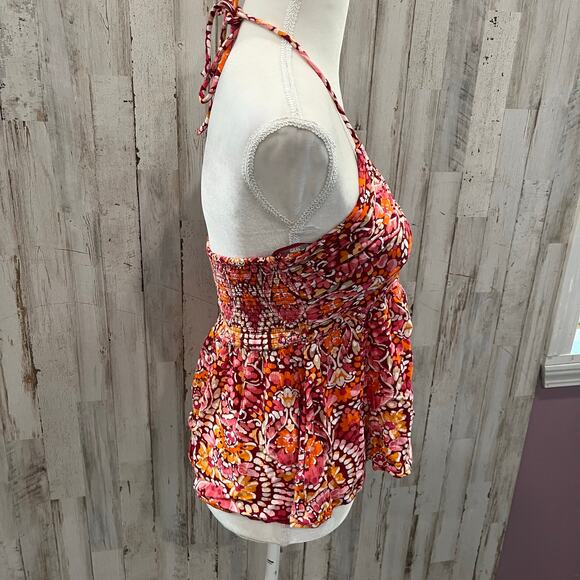Old Navy Floral Crinkle Babydoll Halter Top Pink Y2K Beachy Summer Womens Medium - Picture 3 of 9